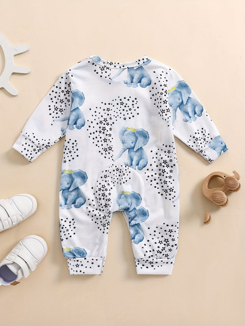 Cute Baby Elephant Water Play Pattern Long-Sleeve Romper.