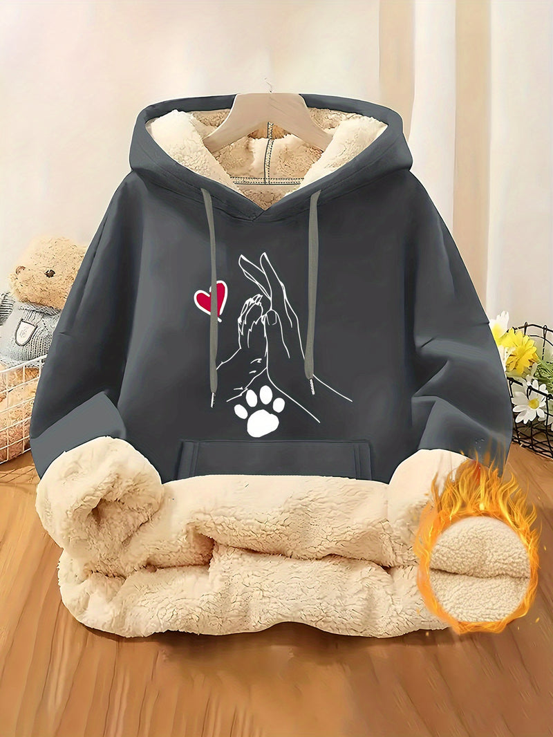 Women's Cozy Fleece-Lined Hoodie with Heart & Paw Print Design.
