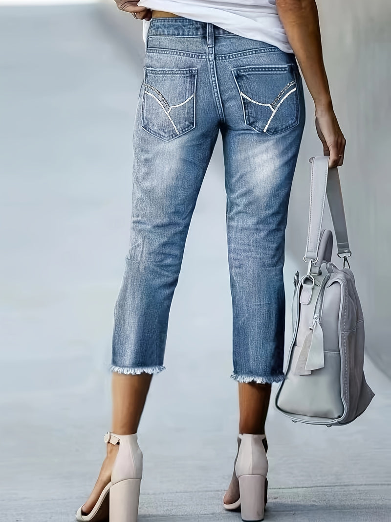 Women's Stylish Versatile Embroidered Frayed Hem Cropped Jeans.