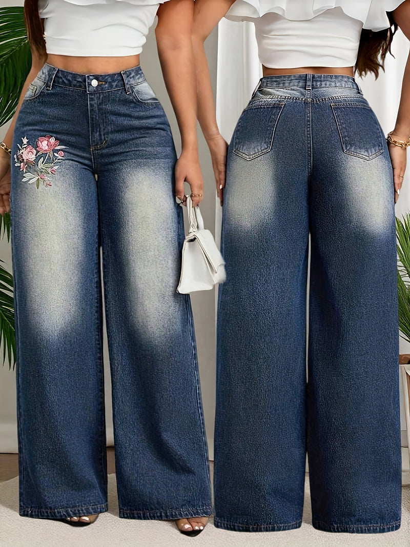 Women’s Spring/Summer New Floral Embroidered Stretch Wide-Leg Pants.