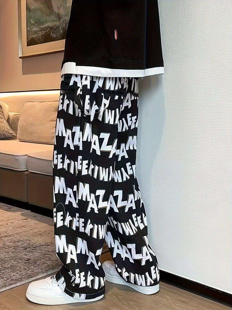 Men's Casual Wide-Leg Pants with Bold Letter Print.