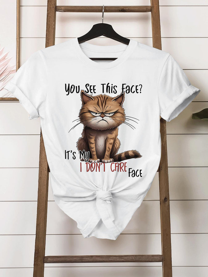 Women’s Cat-Themed Round-Neck Short-Sleeve T-Shirt.