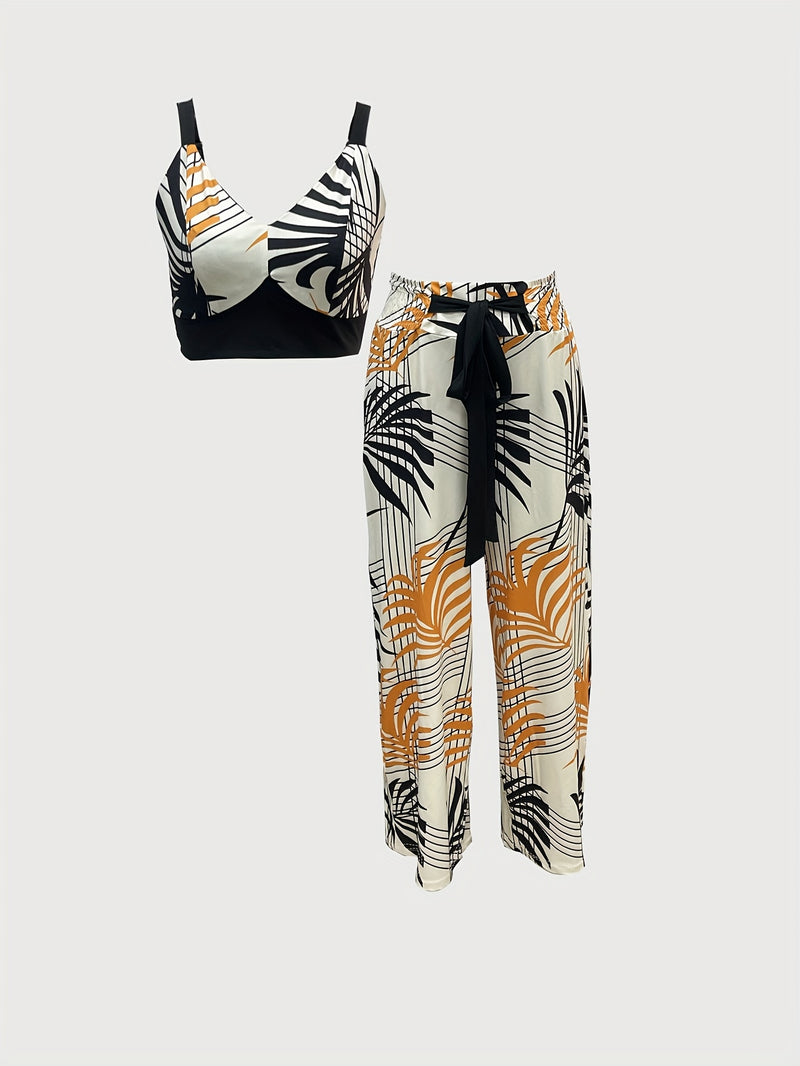 Women's Summer Club Straight-Leg Waist-Tie Print Slim-Fit High-Waist Pleated.