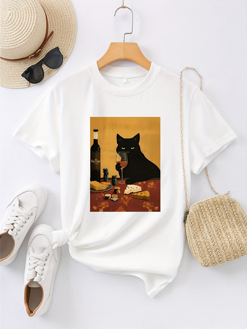 Women’s T-shirt Female Drinking and Eating Cheese Cat Pattern.