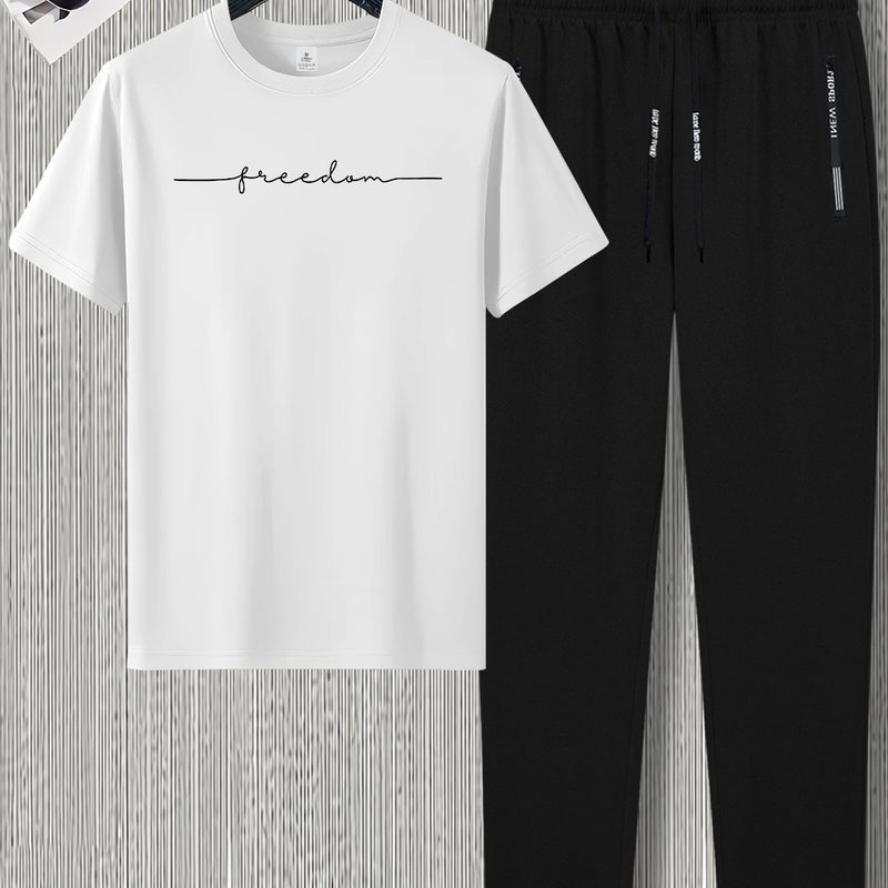 Men's Summer Design Short-Sleeve Set with Stylish Line Prints Paired.