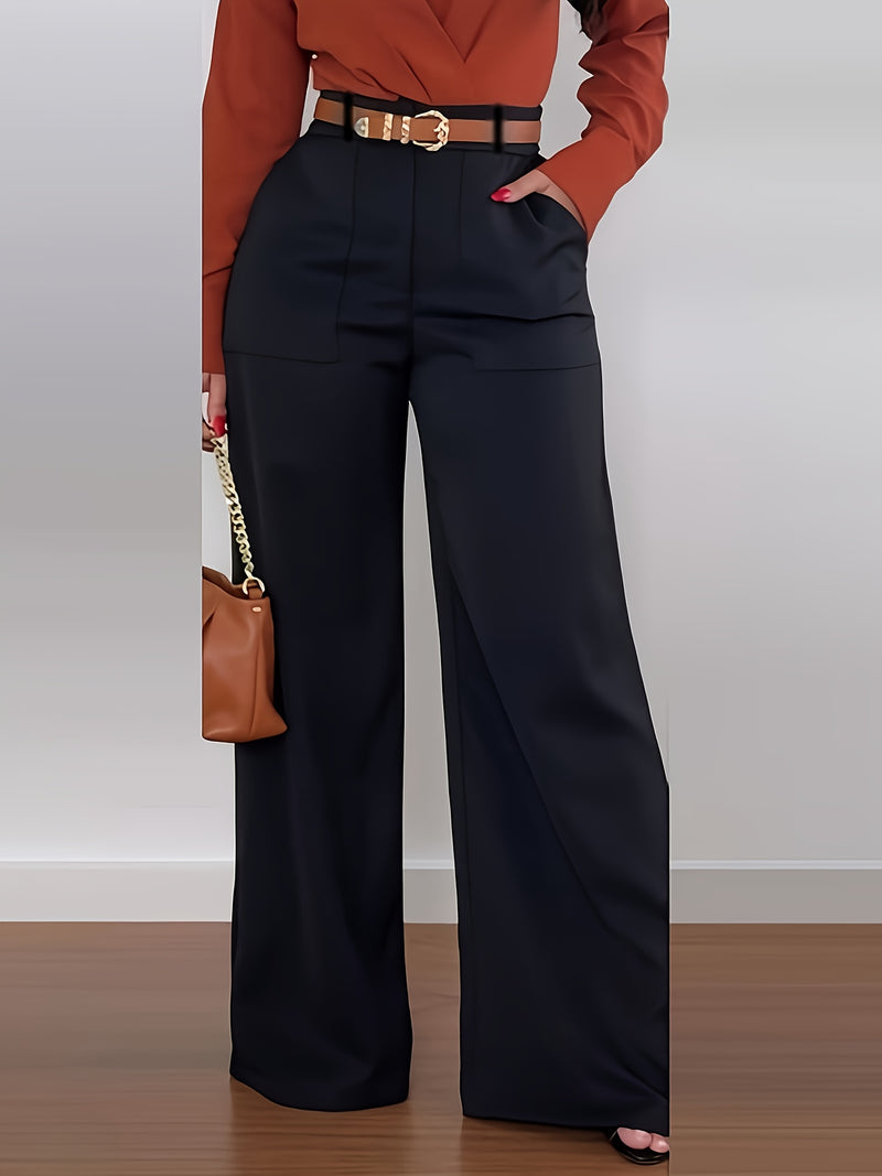 Women's Long Pants, Solid Color High-Waisted Wide-Leg Casual Elegant.