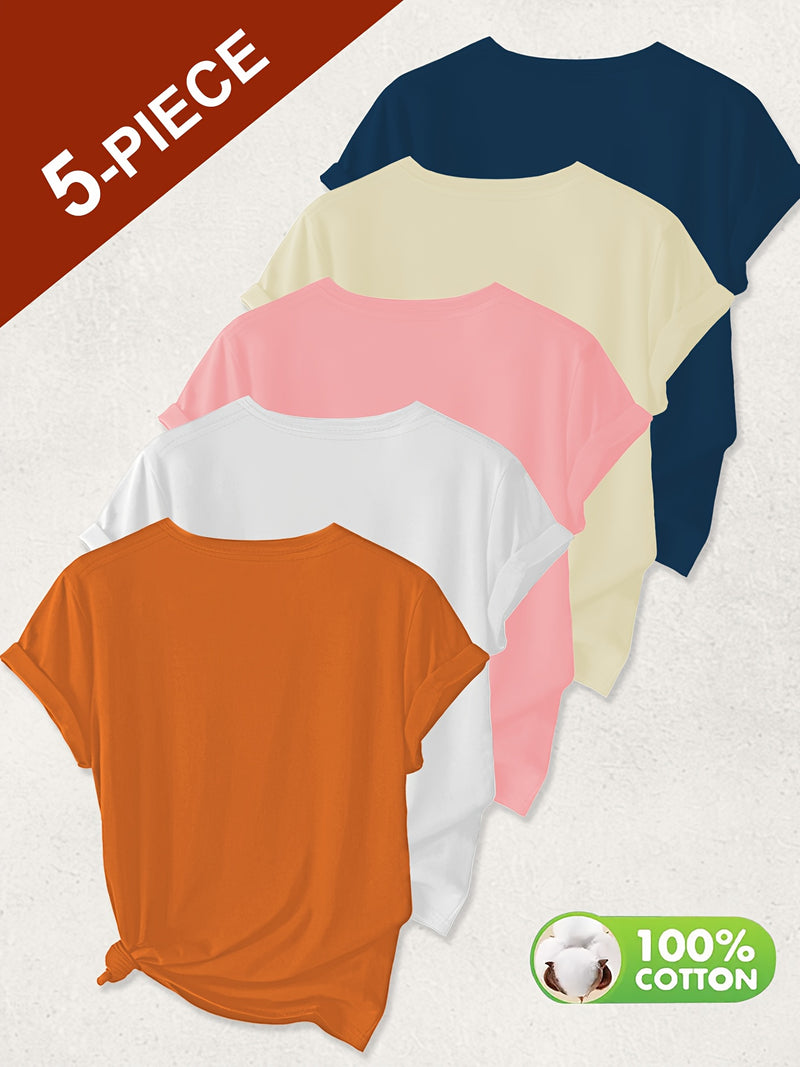 5pcs Women’s Solid Color Pure T-Shirts.