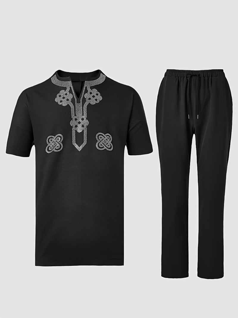 Summer New Men'S Two-Piece Suit Solid Color V-Neck Rhinestone.