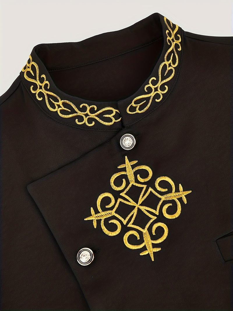 Men's 2pcs Suit Set, Embroidered, Stand Collar, Long Sleeve.