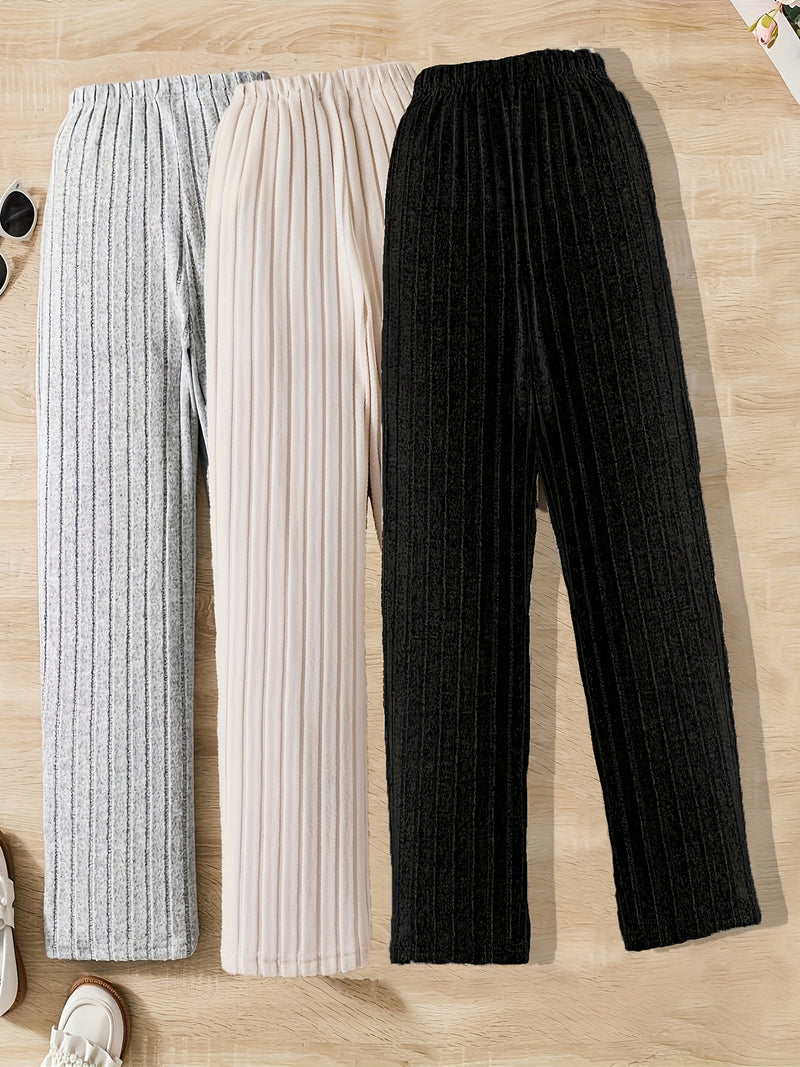 3pcs Set of Solid Color Comfortable Ribbed Straight-Leg CasualnPants for Women.