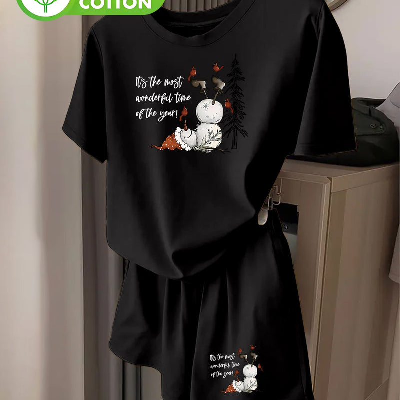 Women's Stylish Christmas Snowman Printed Short-Sleeve And Shorts Set.