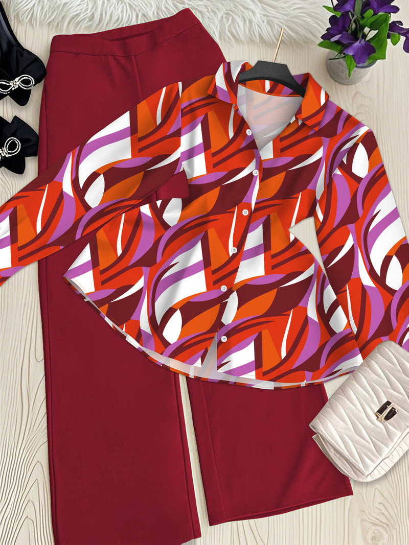 Women’s Two-Piece Set Featuring a Geometric Print Shirt And Solid Color Trousers.