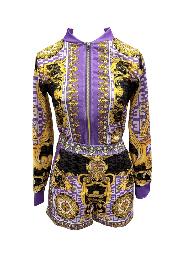 Women’s Floral Print Elegant Shorts Set, Long Sleeve V-neck Zip Up Jacket.