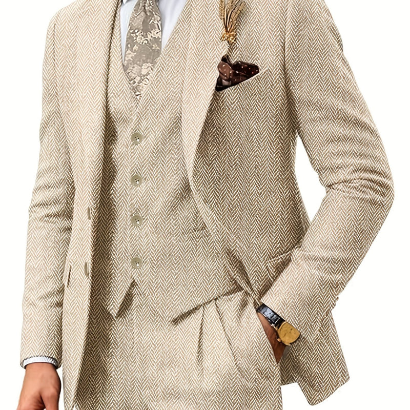Men's Three-Piece Suit Made of Blended Herringbone Fabric.