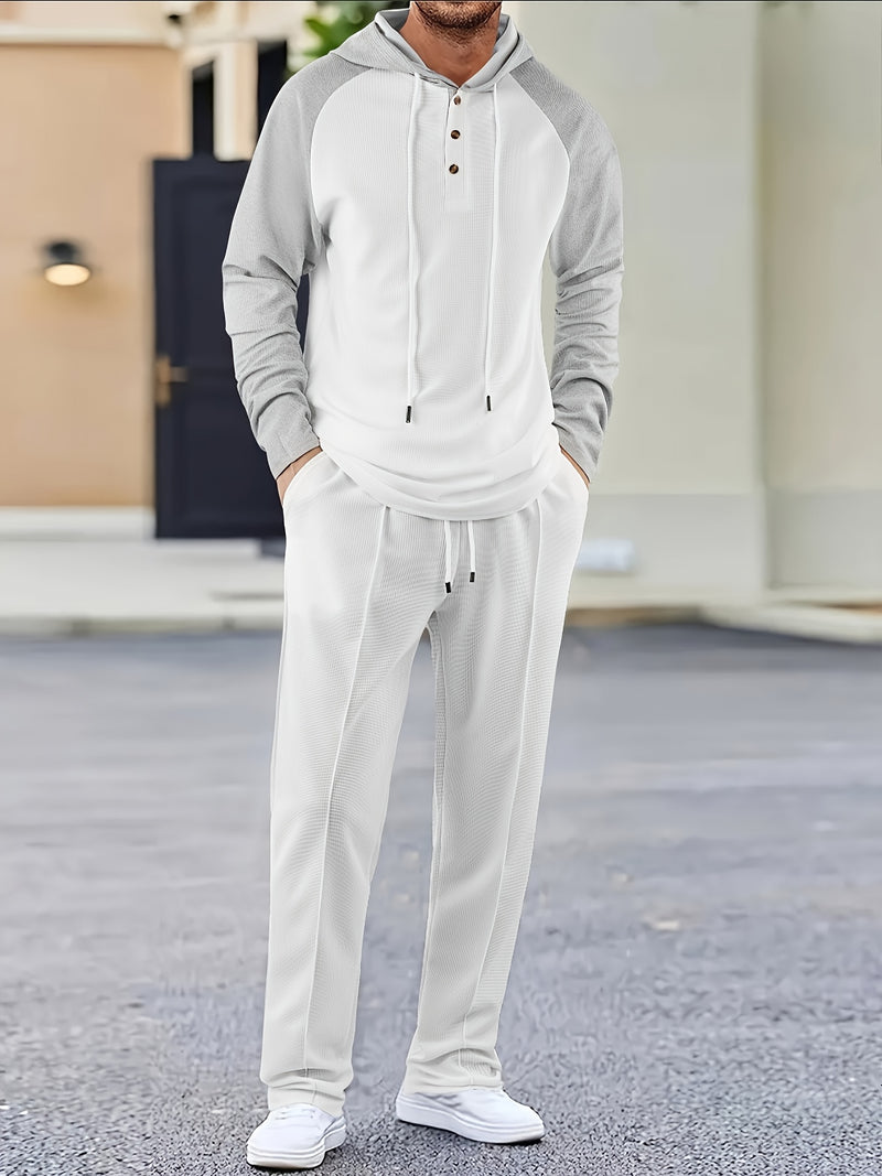 Men's Waffle 2pcs Hooded Sweatshirt Set Top Color Block.