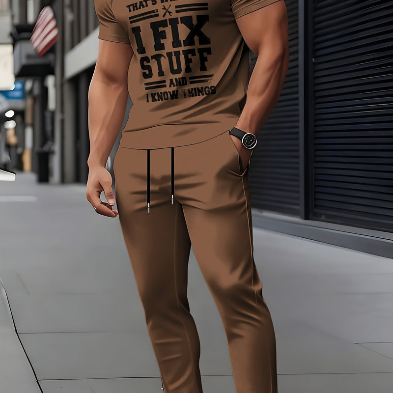 Men's Casual Sports Brown Letter Print Set.