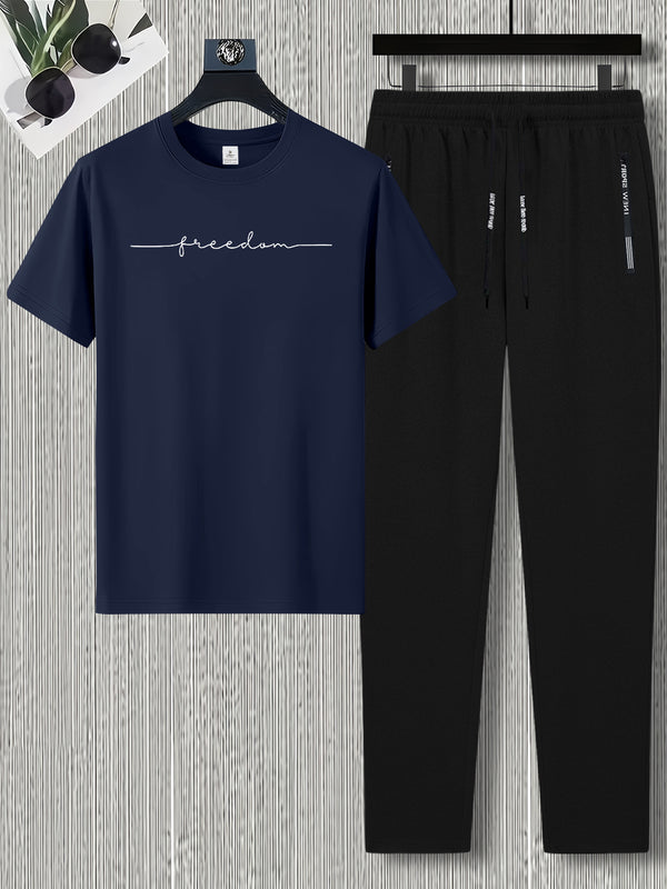 Men's Summer Design Short-Sleeve Set with Stylish Line Prints Paired.