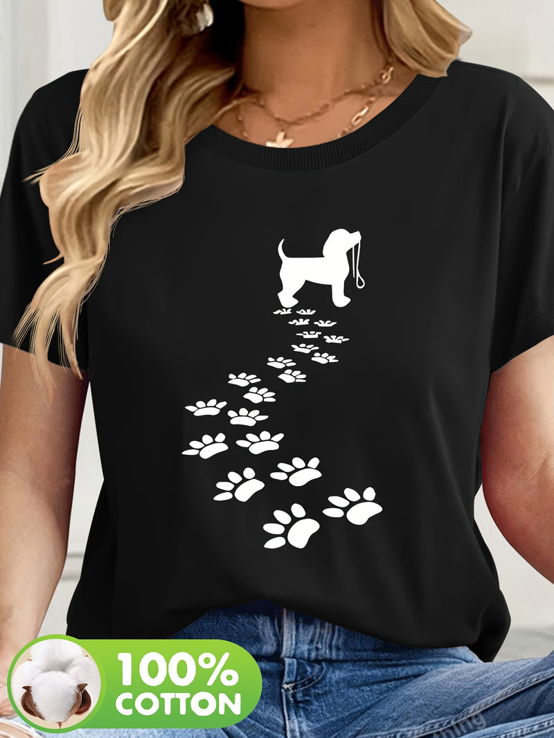 Women's Casual Short Sleeve T-Shirt with Dog Silhouette & Paw Print Graphic.
