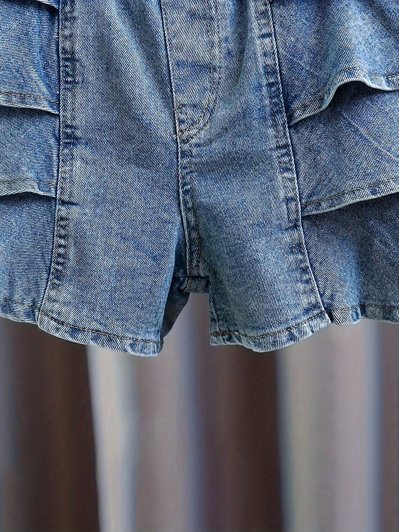 Girls' Summer Fashion Versatile Ruffle-trim Denim Shorts, Comfortable Lightweight.