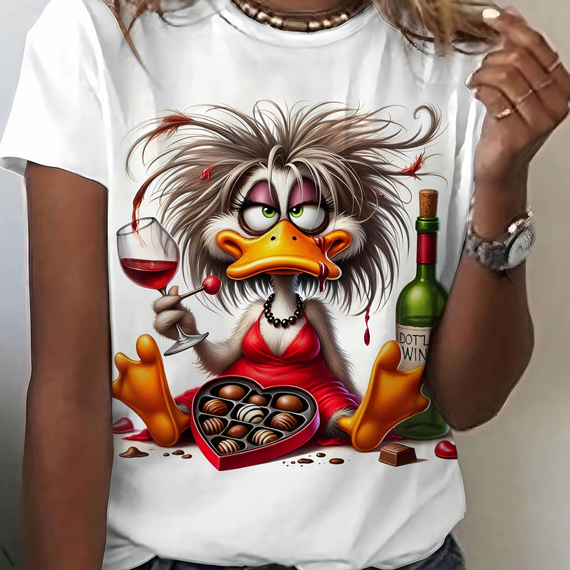 A Short-Sleeved Shirt Featuring a Casual Duck Wine Chocolate Design, Perfect for Women.