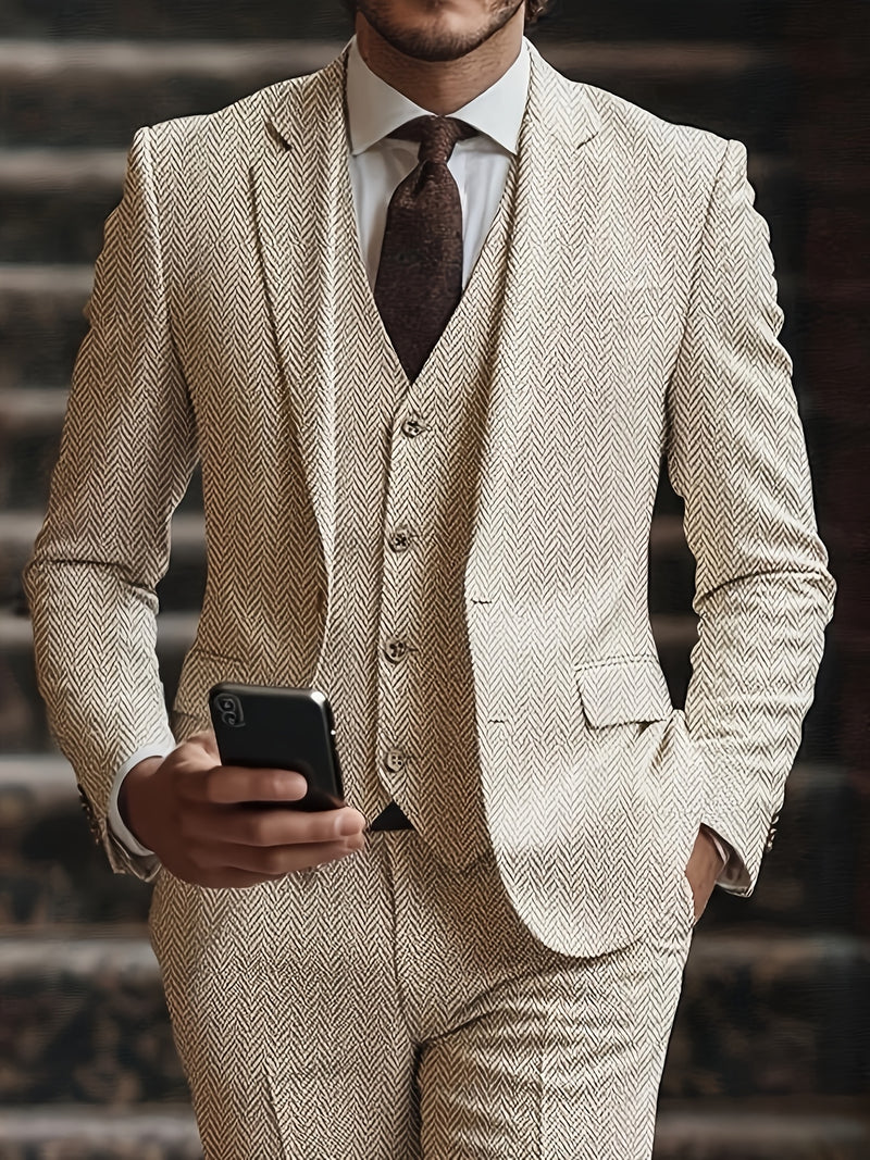 Men's 3pcs Suit Made of Blended Herringbone Fabric.