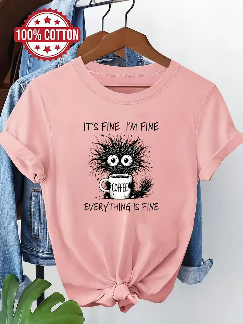 Women's Cat Print Round Neck Short Sleeve T-Shirt.