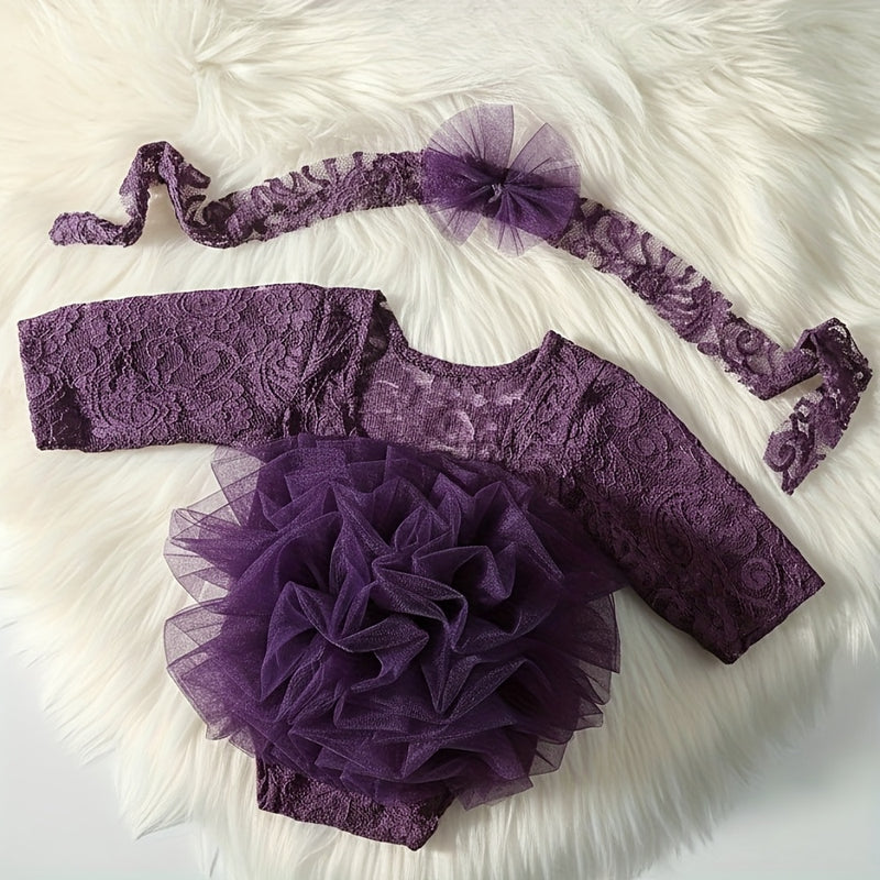 2pcs Purple Lace Bodysuit and Headband Set for Baby Girls.