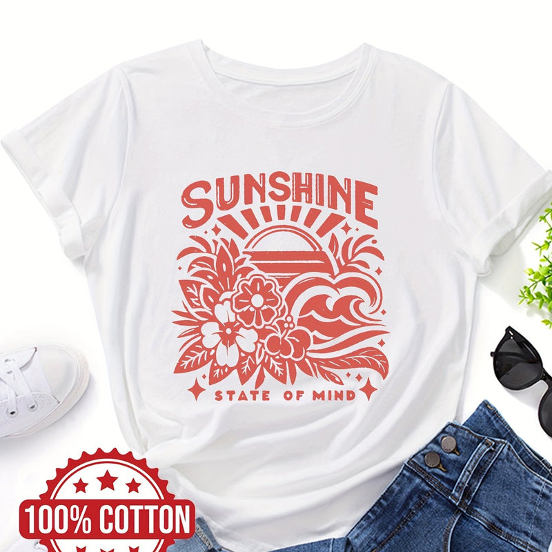 Women's Casual Crew Neck T-Shirt with "SUNSHINE" Graphic Print.