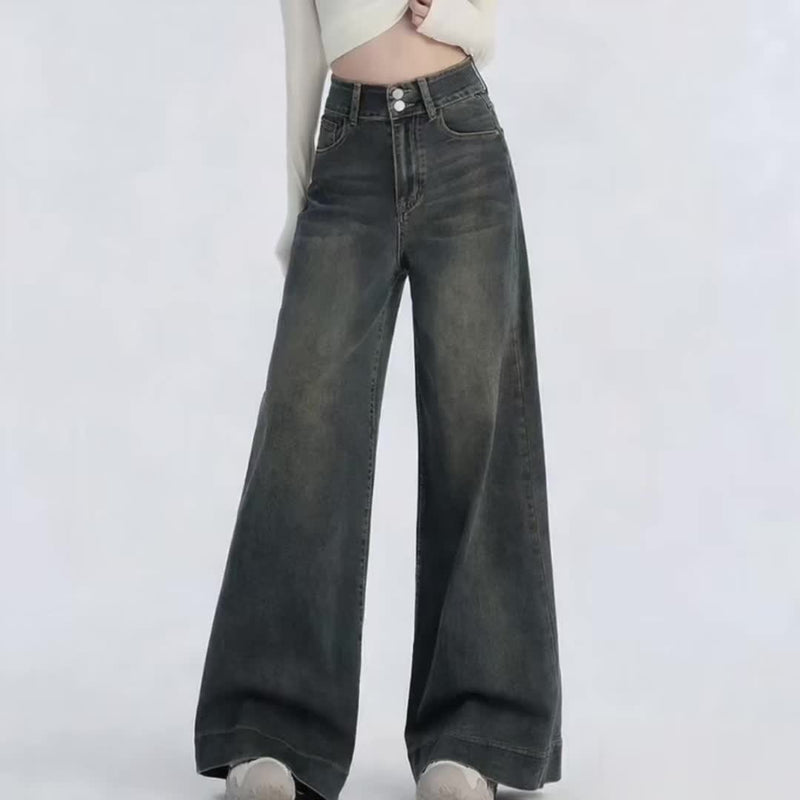 Double Button Jeans - Women's Low-Rise Wide Leg Denim.