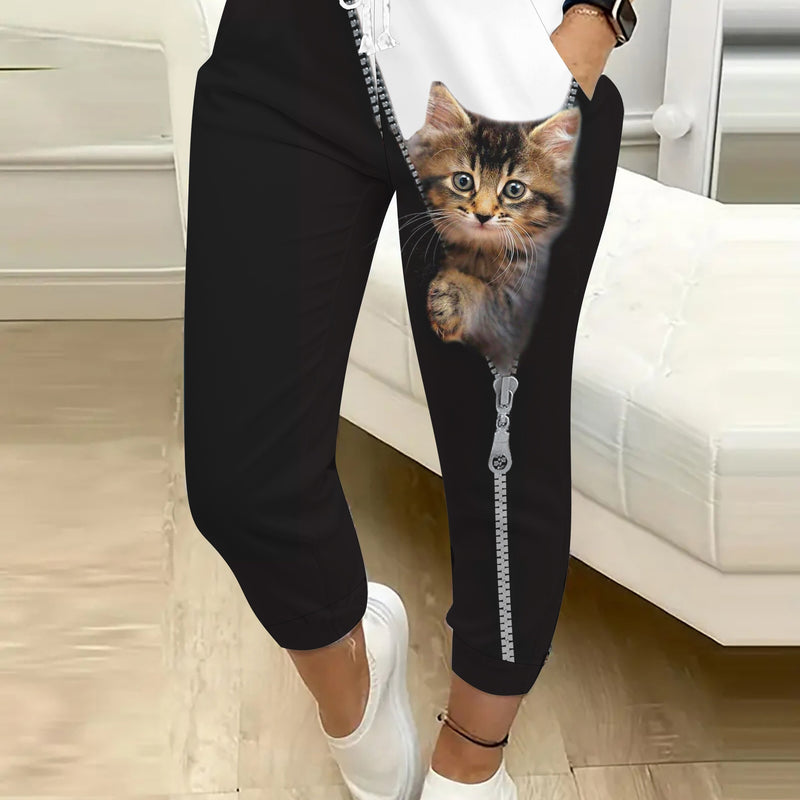 Women's Casual 3D Pocket Cat Print Drawstring Pocket Pants.