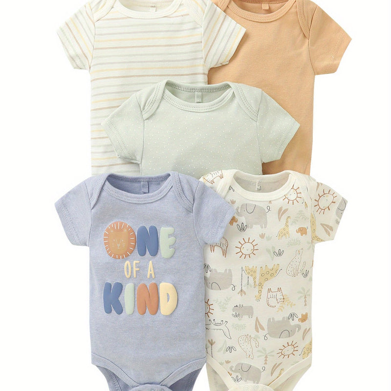 5pcs Set Newborn Infant Romper Animal Dinosaur Striped Suitable for Baby Boy.