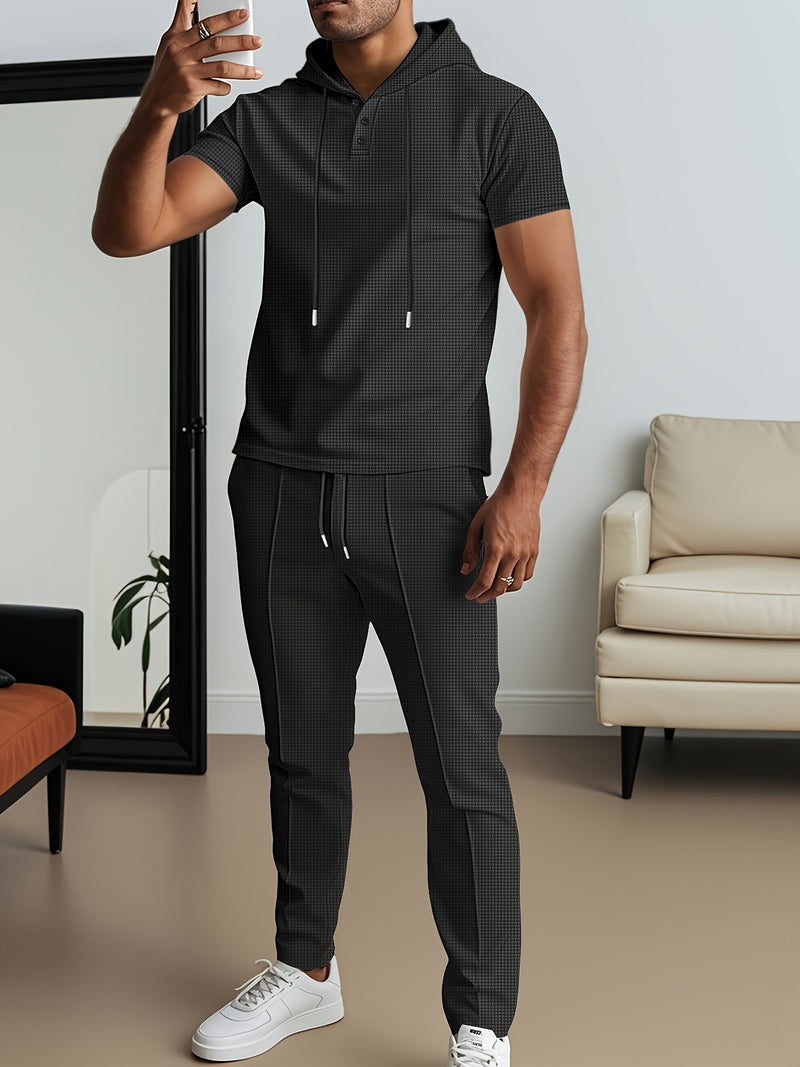 Men's set short sleeved hooded top with drawstring elastic waistband.