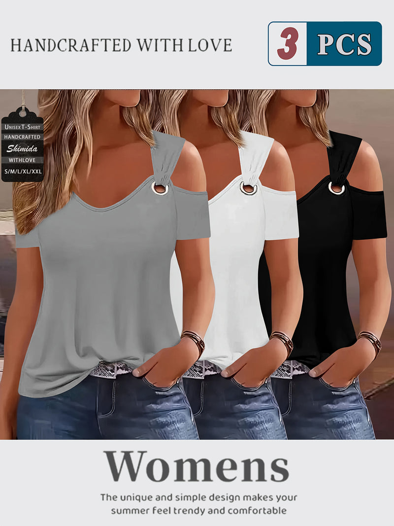 Three-Piece Summer Off-Shoulder Short-Sleeve T-Shirt for Women.
