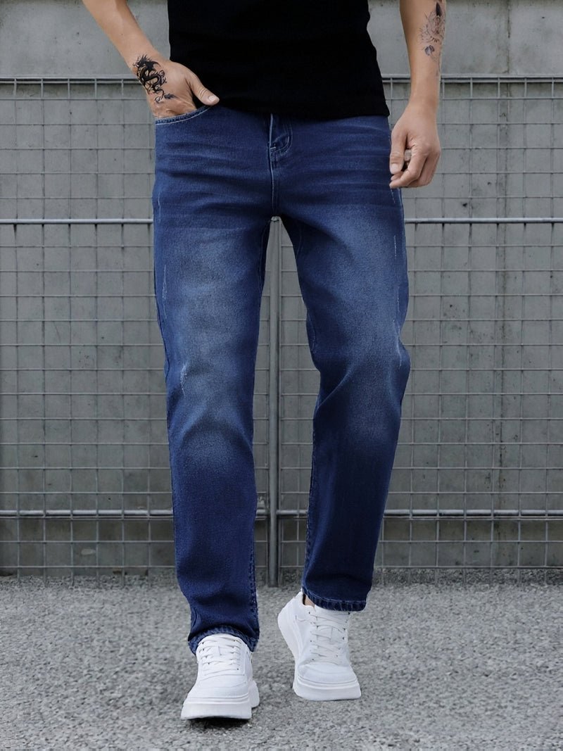 Men's Casual Washed Denim Jeans, Straight-leg pants.