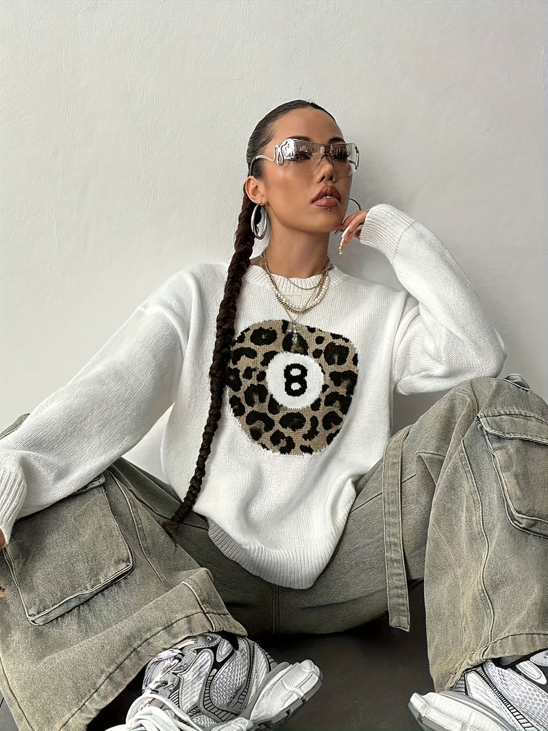 Women’s Fashion Casual Style Leopard Print Ball Design Billiard 8pcs Sweater.
