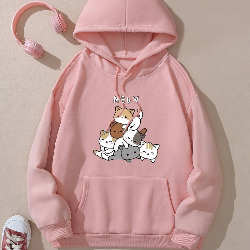 Fashion Hoodie for Women Featuring a Cartoon Cat Letter Print Design.