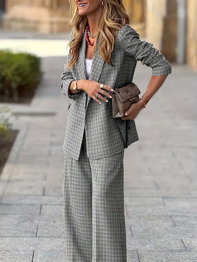 Women's Product: Lined Plaid Suit Jacket Top + Plaid Wide-Leg Pants Suit.