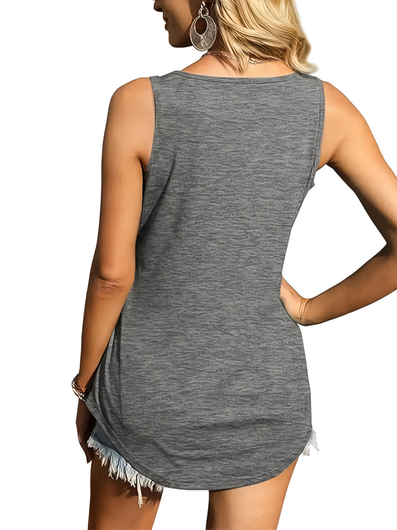 A Three-Piece Set, Women's Solid Color Sleeveless Square Neck T-Shirt.