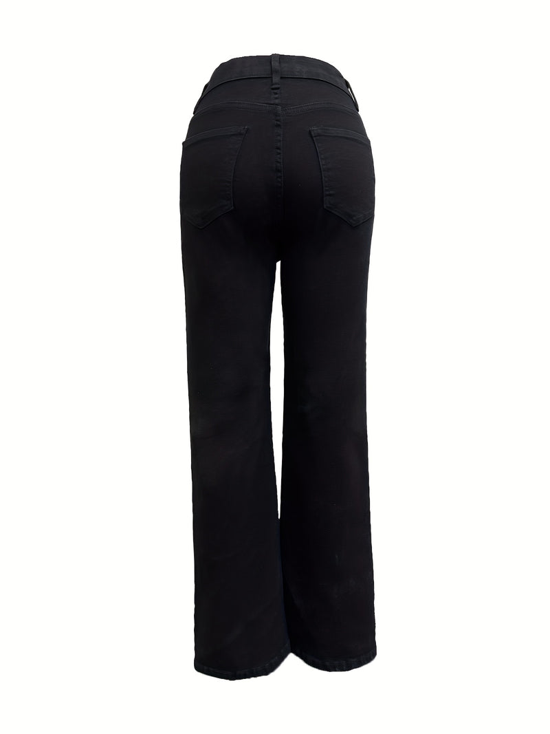 Ladies' Black Wide-leg Pants, Elastic Belt and Slanted Pockets.
