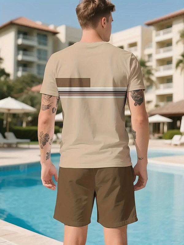 1 Set of 2pcs Men's Casual Outfit, Round-neck T-shirt + Shorts Set.