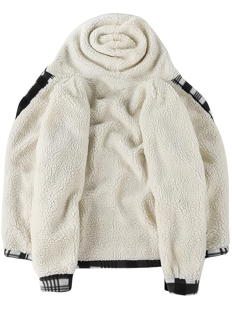 Men's Warm Jacket with Sherpa Lining, Plaid Hooded Zip-Up Winter Coat.