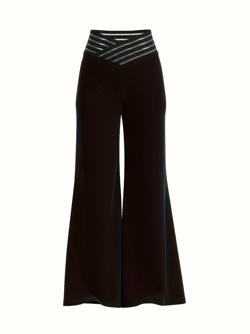 Women’s Solid Color Cross-Over Transparent Mesh Patch High-Waist Pants.