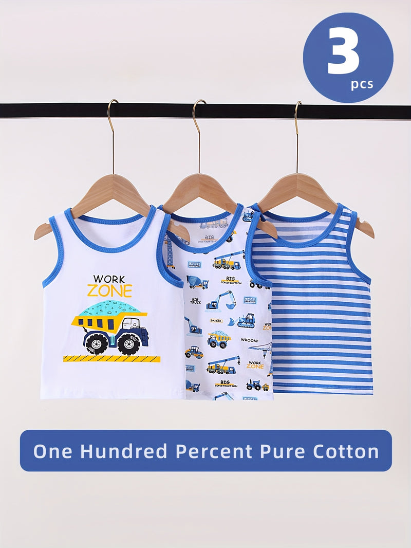 Boys Summer Tank Top Set 3pcs, Blue Print Sleeveless T-Shirt for Kids.