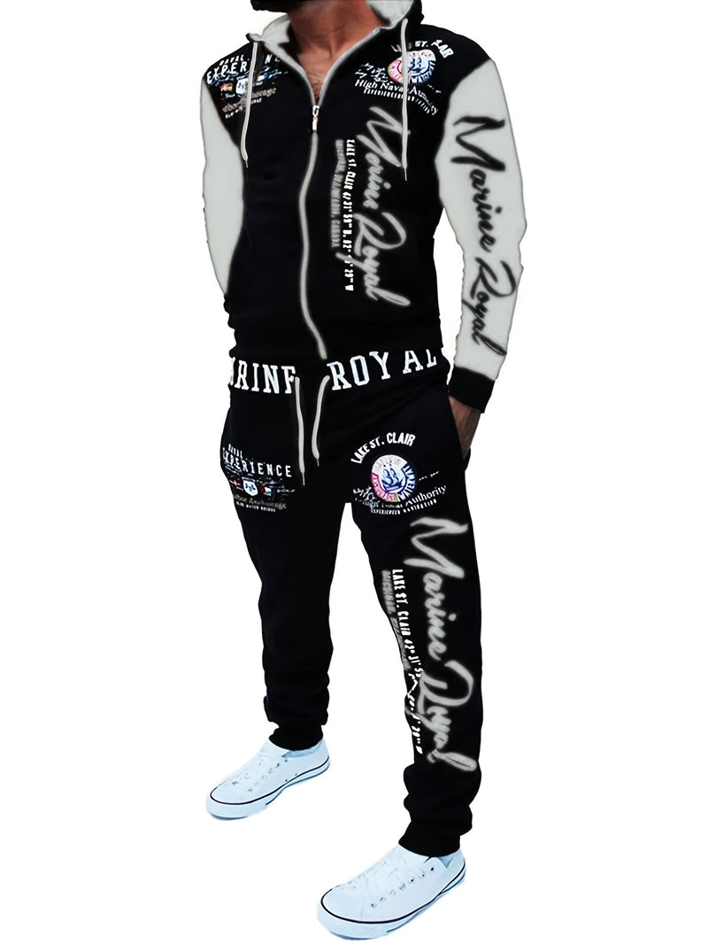Men's Hiphop Outfit, Letter Print Long Sleeve Full-Zip Casual Jacket And Loose Jogger Pants.