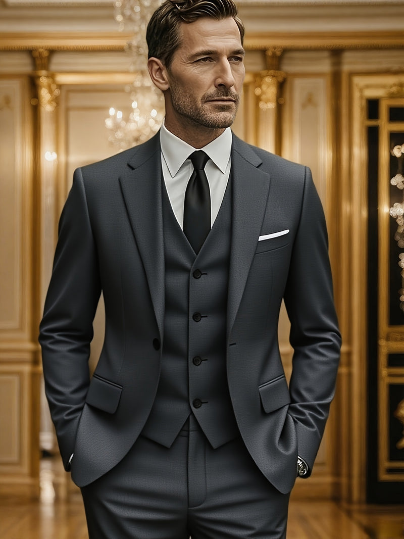 3pcs Suit Set for Men, Single-Breasted One-Button Black Suit And Trousers Set.