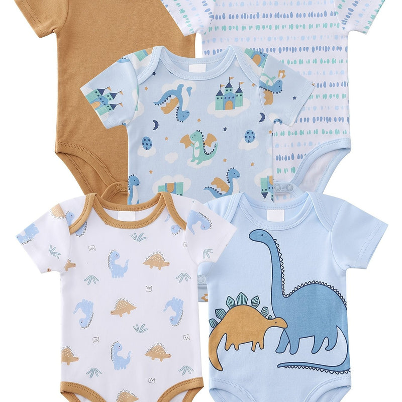 5pcs Baby Boy Bodysuit Set - Soft And Comfortable Short Sleeve Set.