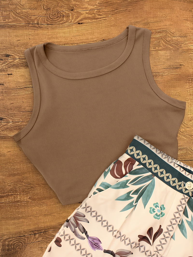 2pcs Women's Tropical Parrot Print Wide Leg Pants and Sleeveless Waistcoat.