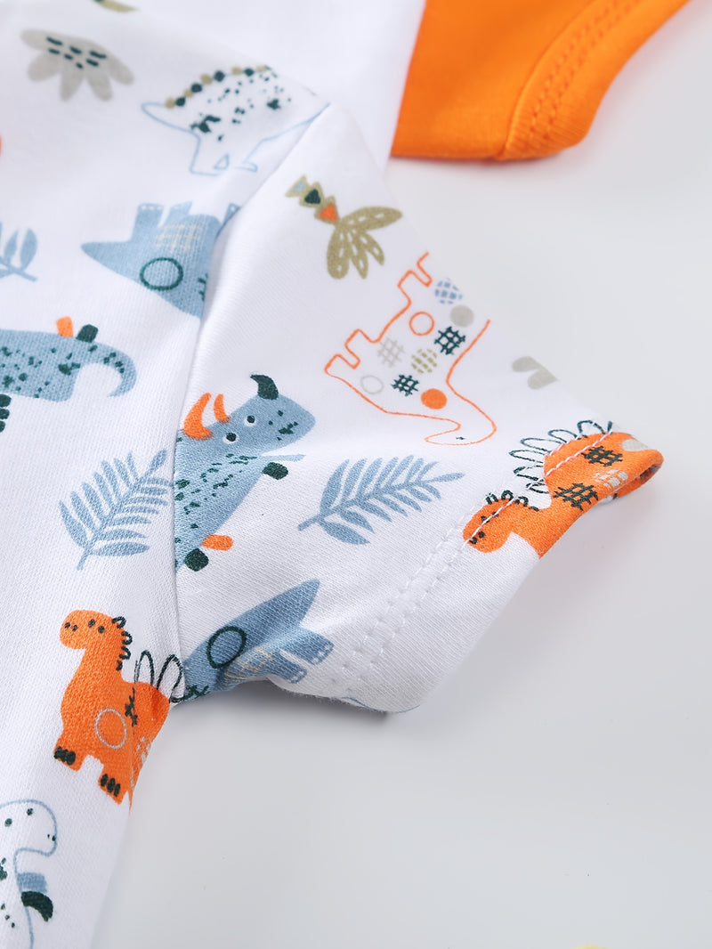 5pcs Baby Casual Triangle Bodysuit Set, Dinosaur  Short-Sleeved Jumpsuit.