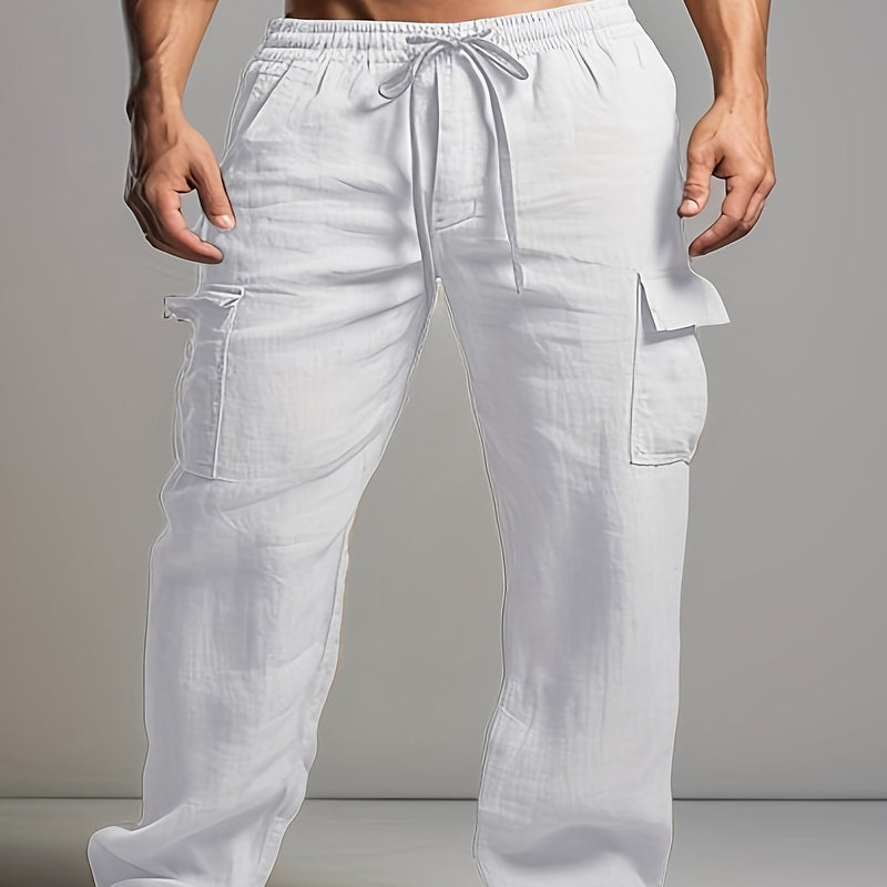 Linen Drawstring Elastic Waist Multi-Pocket Casual Long Pants.