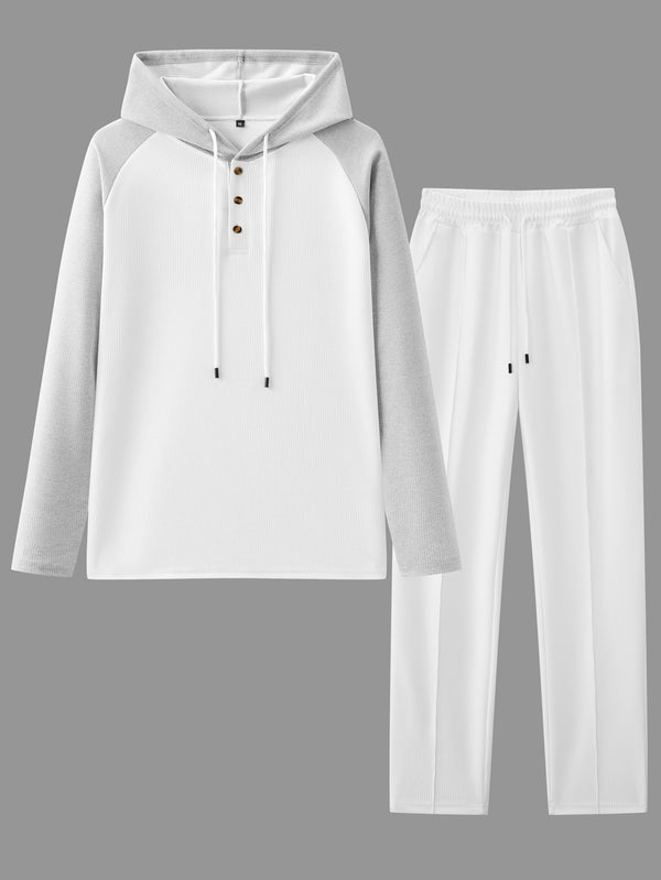 Men's Waffle 2pcs Hooded Sweatshirt Set Top Color Block.